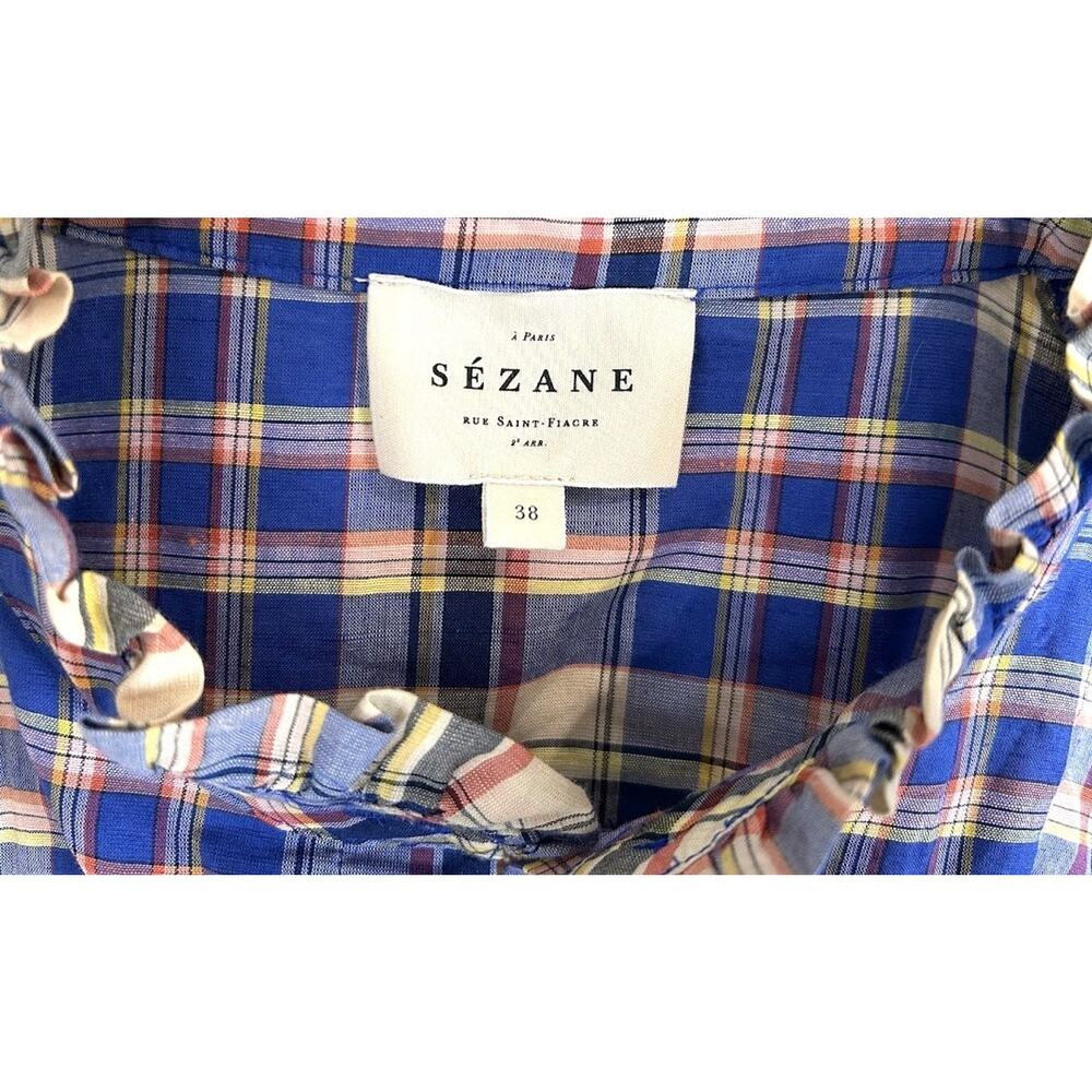 Sezane Plaid Telma Mini Dress Blue Ochre Tartan Ruffle Collar Wrap EU 38 US 6 - Picture 5 of 10